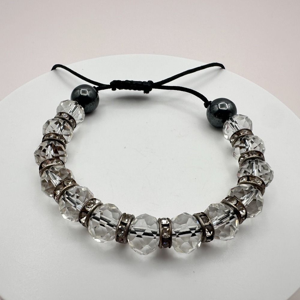 Vintage Y2K Silver Tone Beaded Bracelet with Clear Glass Rhinestones
